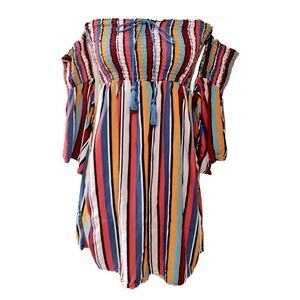 GUESS Colorful Bell Sleeves Boho Dress L Off Shoulders Striped Rainbow
